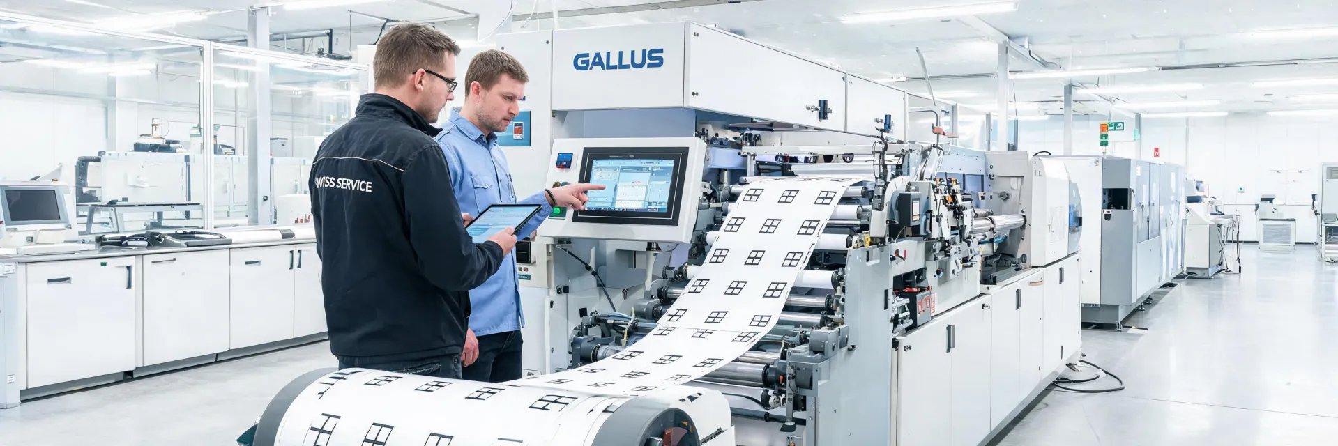 Gallus service engineer validating a narrow web label press