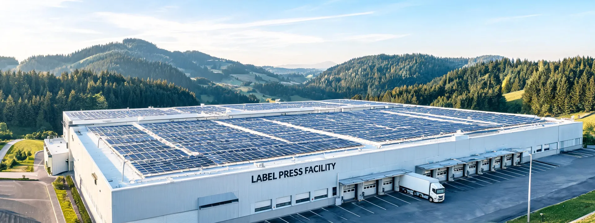 Swiss print factory rooftop solar panels near forest